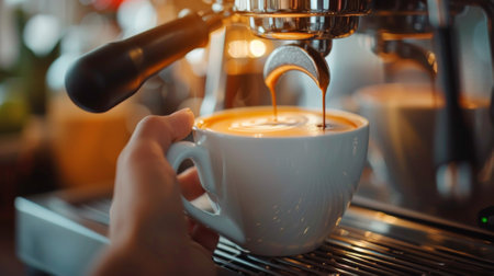A person pouring a cup of coffee from an espressor machine, AIの素材