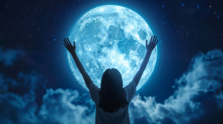 A woman with arms raised in the air, looking up at a full moon, AIの素材
