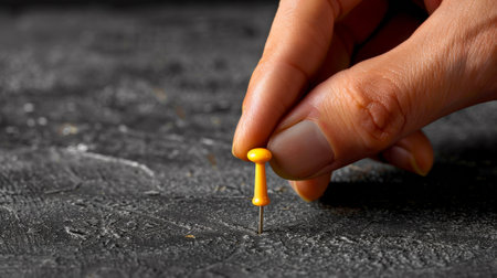 A person holding a small yellow pin on top of some concrete, AIの素材