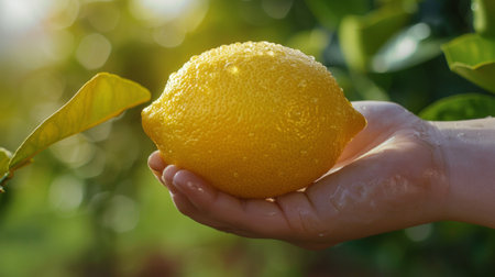 A person holding a lemon in their hand with water droplets on it, AIの素材