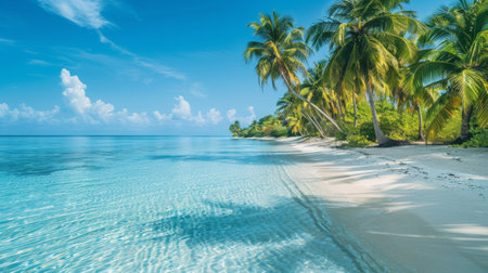 A beach with a clear blue water and palm trees, AIの素材