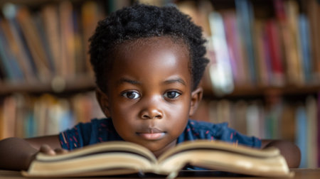 A young boy is reading a book in front of bookshelves, AIの素材