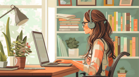 A woman in headphones sitting at a desk with laptop, AIの素材