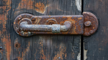 A close up of a rusty door handle on an old wooden wall, AIの素材