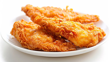 A plate of fried chicken on a white table with some other food, AIの素材