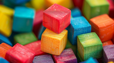 A pile of colorful wooden blocks with a single block in the middle, AIの素材