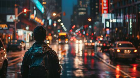 A man with backpack standing in the middle of a city street, AIの素材