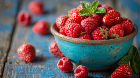 A bowl of raspberries on a blue table with leaves, AIの素材