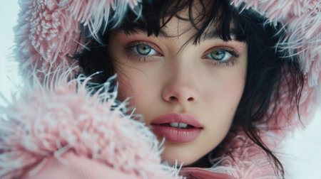 A woman with a pink fur coat and black hair, AIの素材