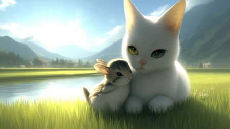 A white cat and a small rabbit sitting on the grass, AIの素材
