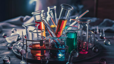 A bunch of beakers and test tubes sitting on a table, AIの素材
