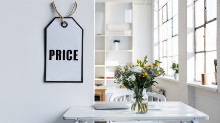 A white table with a price tag hanging on it and flowers in vases, AIの素材