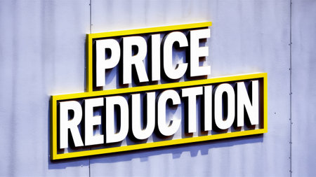 A close up of a price reduction sign on the side of a building, AIの素材
