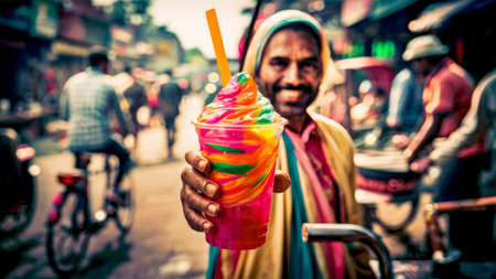 An Indian man selling a drink in his hand, AIの素材