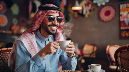 A man in a traditional arabian outfit drinking coffee, AIの素材