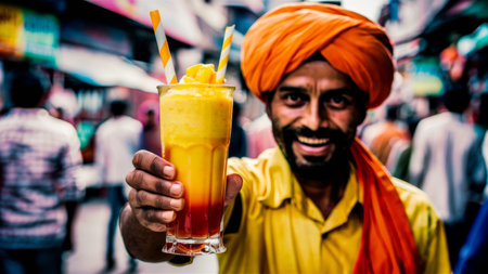 A man in orange turban holding a drink with straw, AIの素材