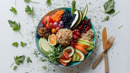 A plate of a variety of fruits and vegetables on top of white table, AIの素材