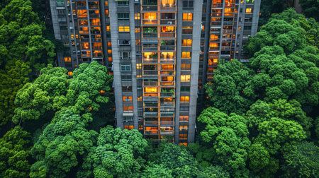 A tall building with many windows lit up in the evening, AIの素材