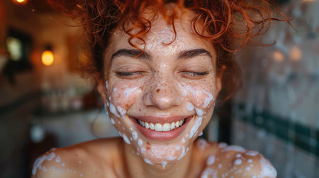 A woman with red hair and freckles is smiling while covered in foam, AIの素材