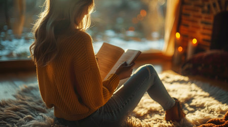 A woman sitting on a rug reading in front of the window, AIの素材