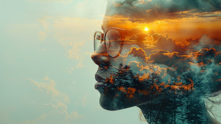 A woman with glasses and a sunset in the background, AIの素材