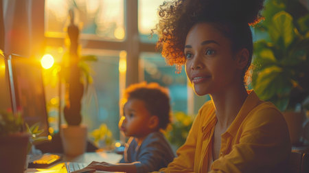 A woman and child sitting at a desk with computer, AIの素材