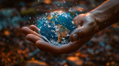 A person holding a globe in their hands with stars around it, AIの素材