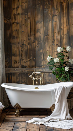 A bathtub with a white towel and flowers on the sideの写真素材