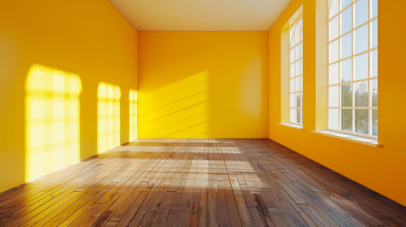 A room with yellow walls and wooden flooring in an empty space, AIの素材
