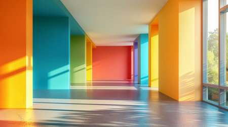 A long hallway with bright colored walls and a large window, AIの素材