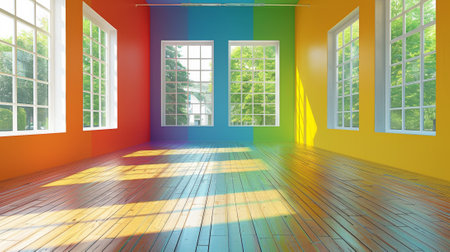 A room with a rainbow floor and three windows in the wall, AIの素材