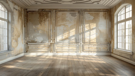 A room with a lot of windows and wood floors, AIの素材