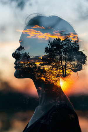 A womans face with trees and sky in the background, AIの素材