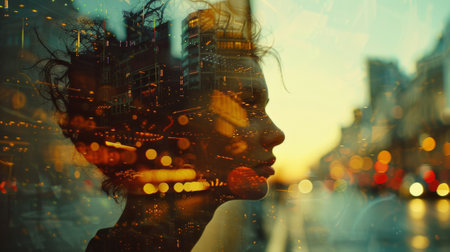 A womans face is shown in a double exposure of city lights, AIの素材