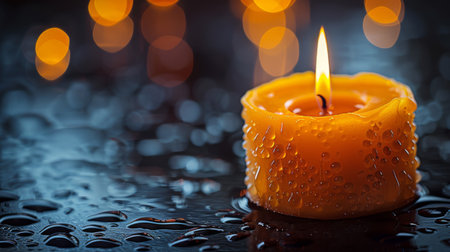 A candle lit with a single flame sitting on top of water droplets, AIの素材
