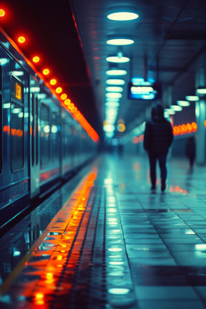 A person walking down a subway platform with lights on, AIの素材