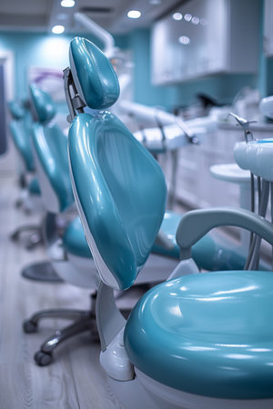 A row of blue chairs in a dental office with white walls, AIの素材