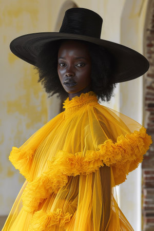 A woman in a yellow dress with black hat and makeup, AIの素材