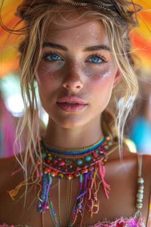 A woman with a necklace and colorful clothing under an umbrella, AIの素材