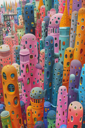 A painting of a colorful city with many different buildings, AIの素材