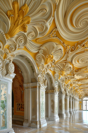 A long hallway with ornate ceiling and walls decorated in gold, AIの素材
