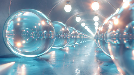 A long line of glass objects in a tunnel with lights, AIの素材