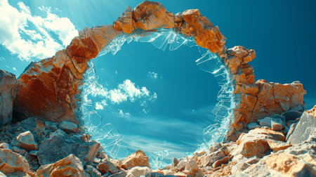 A circular window in a rocky landscape with blue sky, AIの素材