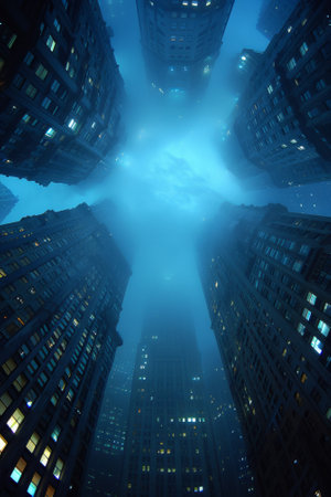 A view of a city skyline with buildings and clouds, AIの素材