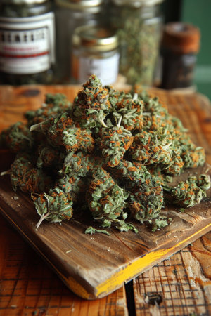 A pile of marijuana plants on a wooden cutting board, AIの素材