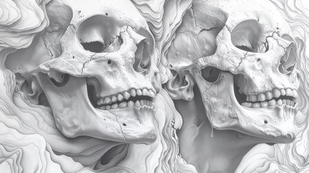 Two skulls are shown in a white and black background, AIの素材