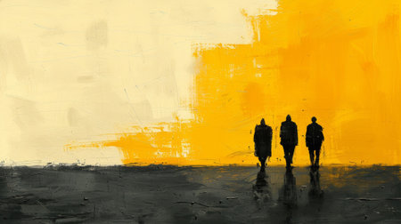 A painting of three people walking in the rain with yellow sky, AIの素材