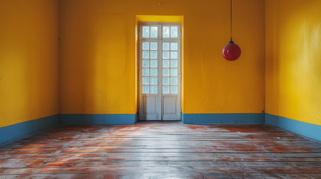 A yellow room with a door and window in the middle, AIの素材