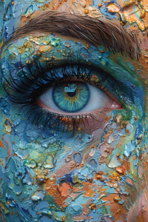 A close up of a womans face painted with colorful paint, AIの素材