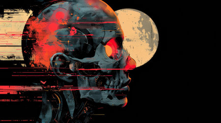 A painting of a skull with red eyes and glowing orange hair, AIの素材